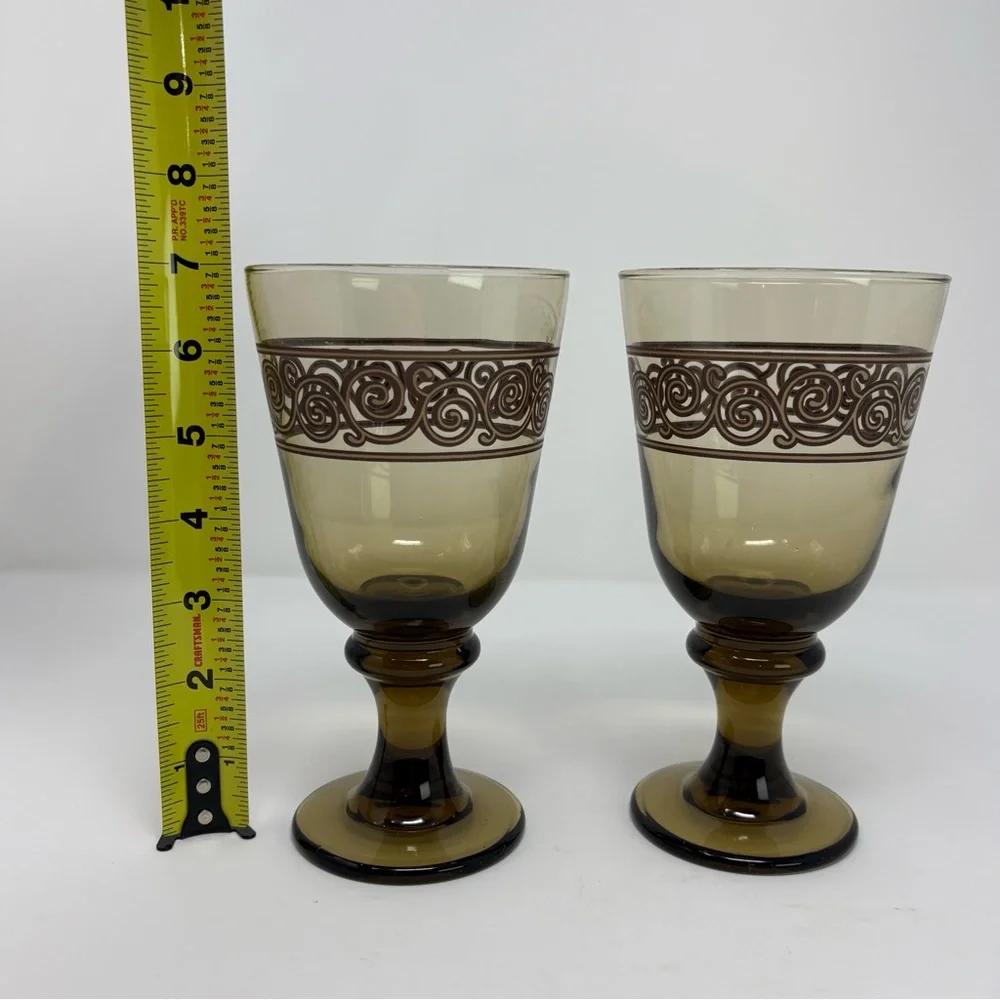 Vintage Amber Glass Goblet with Swirl Design Set of Two 7” Tall Glasses 16 Oz